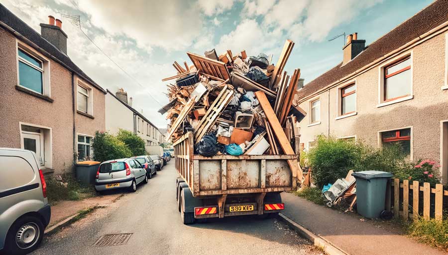 97580214_overflowing-dumpster-truck-on-a-quiet-suburban-street